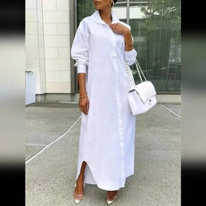 Women's European And American Style Loose Shirt Button Detail Street Wear Dress,